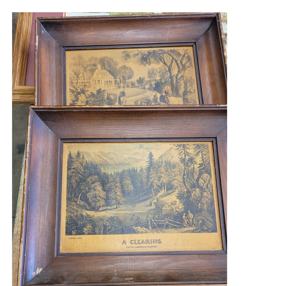 Currier & Ives Vintage Prints Set 2 A Clearing Summer in the Country Wood Frames